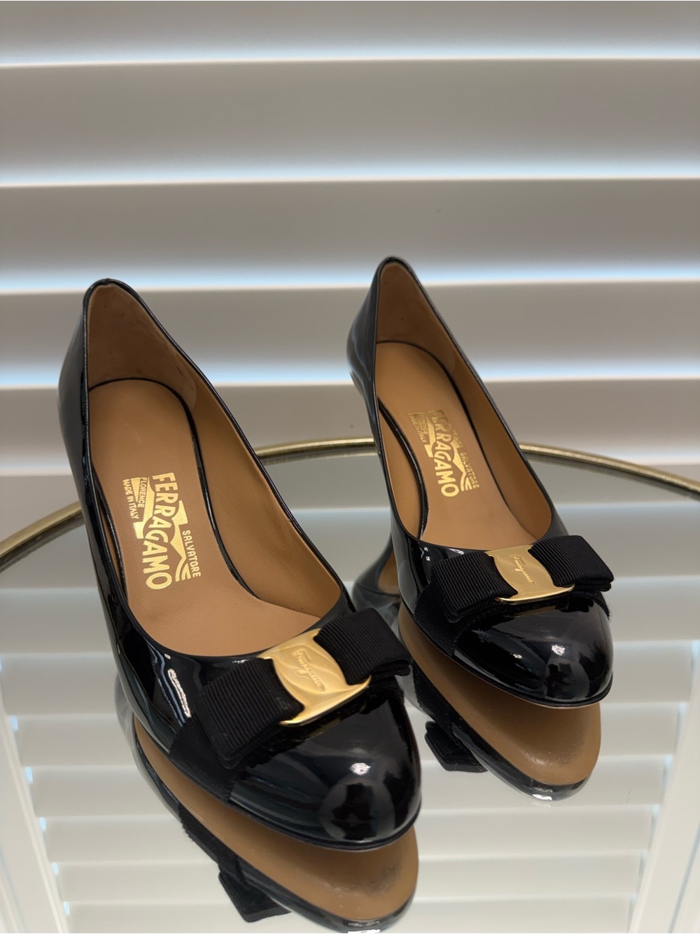 Salvatore Ferragamo Carla 70 7cm Black Patent Leather Bow Pumps with Gold Accent
